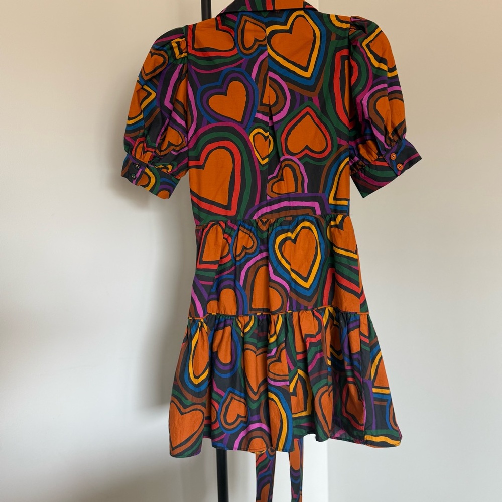 Farm Rio Anthropologie Heart Print Tie Front Mini Dress XS Puff Sleeve - Picture 6 of 8
